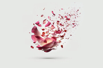 flying rose petals on white background. Generated by AI