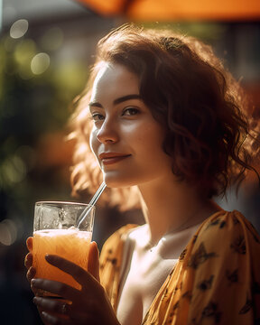 A fictional person. A young woman sipping a vibrant cocktail on a sun-soaked summer day