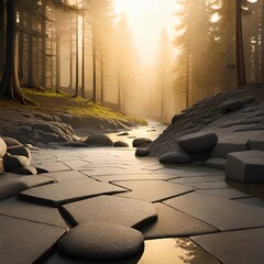 Sunrise on a forest with river created with Generative AI technology