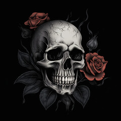 illustration, dark fantasy design human skull and flowers, Generative Ai