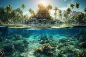 Underwater view at coral reef by the tropical island, created with generative AI