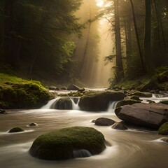 Sunset on a forest with river created with Generative AI technology