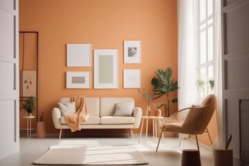 Fototapeta premium Orange Living Room Interior Design, A Cozy and Inviting Space Created with Generative AI