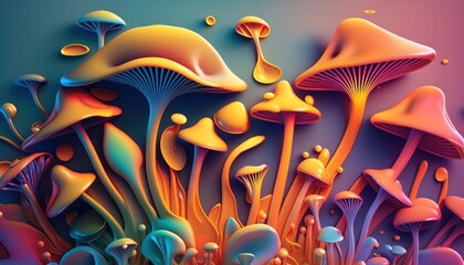 Background of illustrated magic or psychedelic mushrooms in trippy colors generative ai