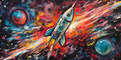 psychedelic and surreal illustration of a rocket in the space, wallpaper art, created with generative ai