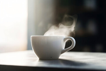 Fototapeta premium White Coffee Cup on Wooden Table Top with Living Room Background. Copy Space for Home Concept