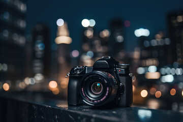 Dslr camera in the front with bokeh effect of the cityscape in the background. Generative AI - obrazy, fototapety, plakaty