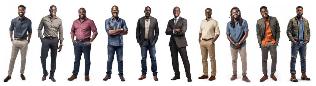 Group of full body black men each all with different ages, sizes, hairstyles, facial hair, clothing, separately isolated on a white background.  Illustration created with Generative AI technology.