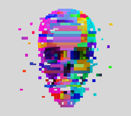 Vector pixel art skull. 3d  glitch disintegration effect. Neon colored retro video game style design.