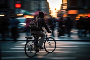 Photo of a person riding a bike in the city crowd under the lights at night in the city, and among the crowds of people. Generative AI.