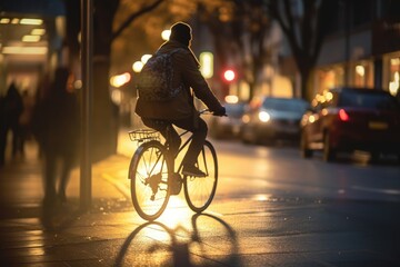 Photo of a person riding a bike in the city crowd under the lights at night in the city, and among the crowds of people. Generative AI.