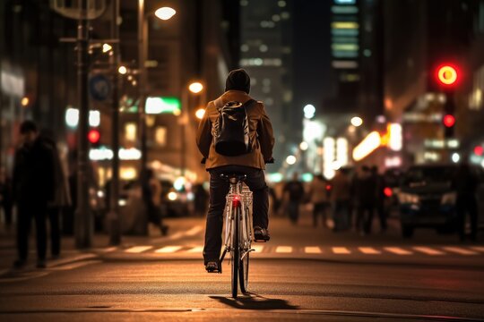 Photo of a person riding a bike in the city crowd under the lights at night in the city, and among the crowds of people. Generative AI.