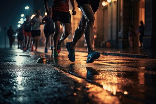Photo of an athletes jogging in front of bokeh lights at night in the city. Generative AI