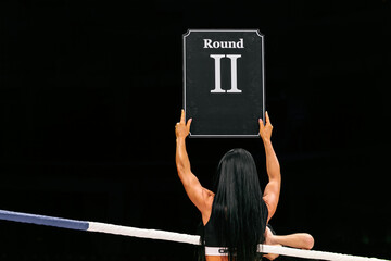 brunette ring girl demonstrate sign with number round 2 during fight MMA on dark background