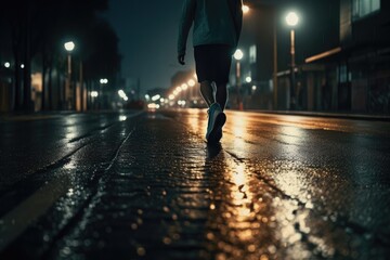 Fototapeta premium Photo of an athlete jogging in front of bokeh lights at night in the city. Generative AI