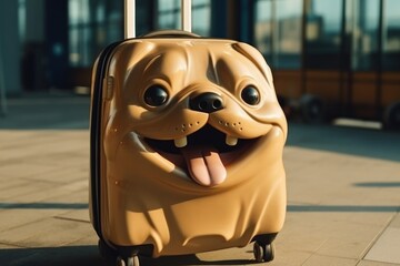 Cute happy dog shaped luggage case at airport. Vacation, holiday, summer creative concept