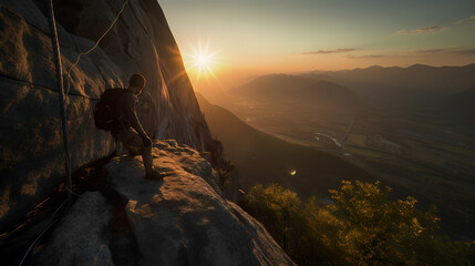 climber on a mountain in the sunset