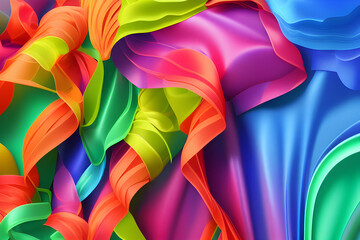 3d render, abstract colorful background with curvy translucent film ruffles, layers and folds. Fashion wallpaper, Generative AI
