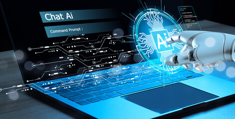 Robot hand Chat with AI, Artificial Intelligence. Technology smart robot AI Concept, artificial intelligence by enter command prompt for generates something, Futuristic technology transformation.