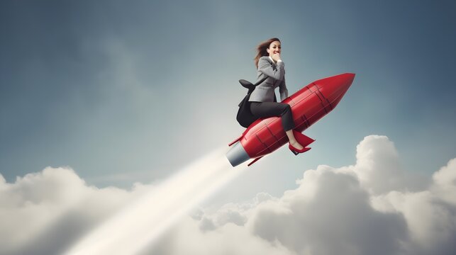 A stunning illustration of a smiling business woman on a rocket