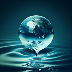 Water drop with planet earth inside, environment issue, scarcity of sustainable eco friendly resources, world water day, generative AI