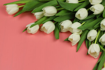 Beautiful bouquet of white tulip flowers with card on pink background, space for text