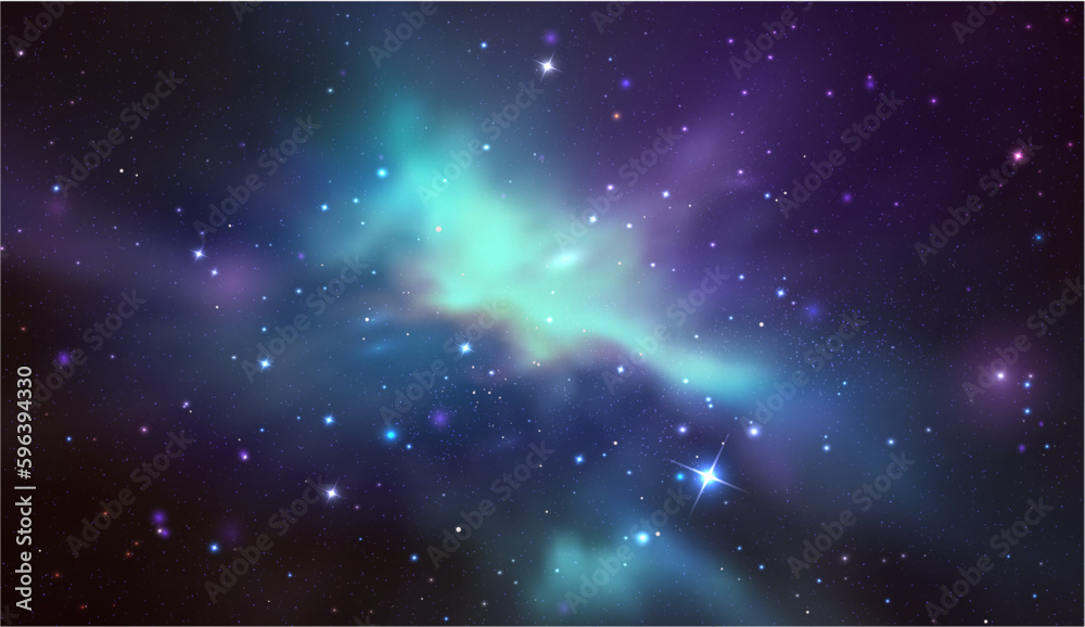 Sticker space vector background with realistic nebula and shining stars. magic colorful galaxy with stardust
