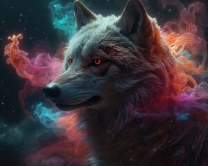 Portrait of wolf in colorful fog