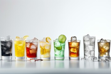 Variety of soft drinks with ice cubes on white background. Generative AI