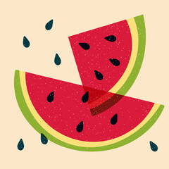 Watermelon. Colorful cute screen printing effect. Riso print effect. Vector illustration. Graphic element  for fabric, textile, clothing, wrapping paper, wallpaper, poster. 