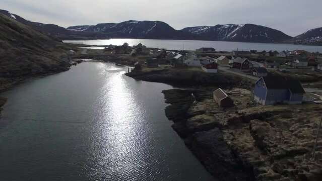 harbor of Norway, fjord. bay with turquoise water. Shooting from a drone