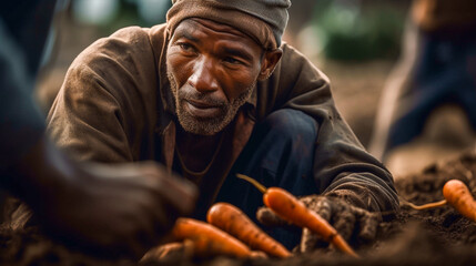 Fototapeta na wymiar A farm worker harvesting carrots from the ground - ai generative