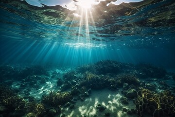 Fototapeta na wymiar A water surface meets the ocean floor in an underwater sea environment. Generative AI