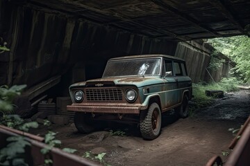 Obraz na płótnie Canvas Forgotten Abandoned Off-Road Jeep Collects Rust Under Bridge: Nature's Corrosive Power on Old Vehicle. Generative AI