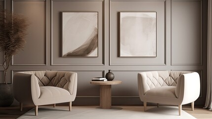 Fototapeta na wymiar Modern Beige Living Room Interior Design with an Artistic Canvas and Two Niches. Generative AI
