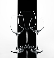 Composition of empty wine glasses, close-up of empty transparent glasses