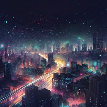 Interconnecting Megacities: Skyscrapers and Technology Illuminate a Cybernetic Cityscape: Generative AI © AIGen