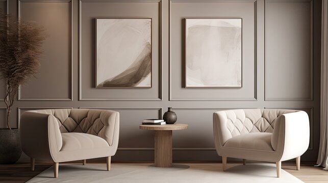 Modern Beige Living Room Interior Design with an Artistic Canvas and Two Niches. Generative AI