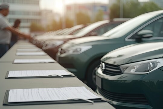 Signing a Vehicle Rental Agreement: Close-Up of Client with Cars in Background: Generative AI