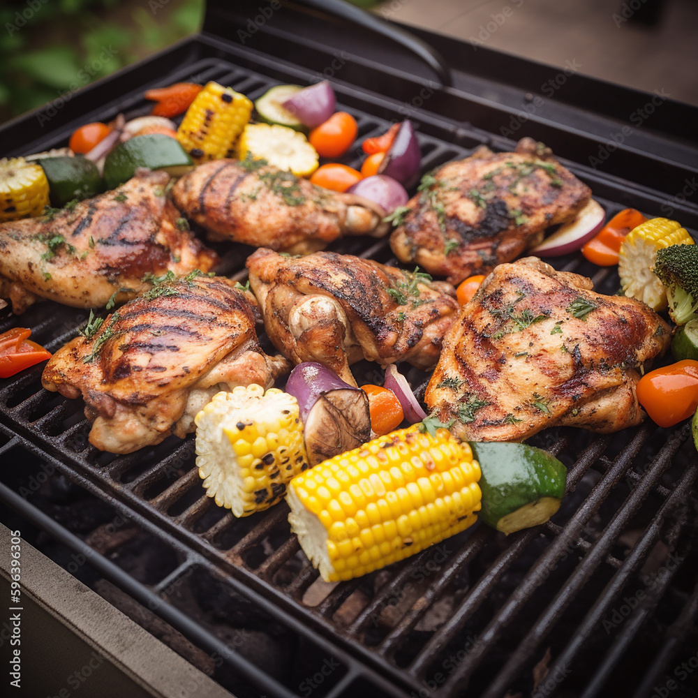 Wall mural grilled chicken and vegetables on homemade backyard grill