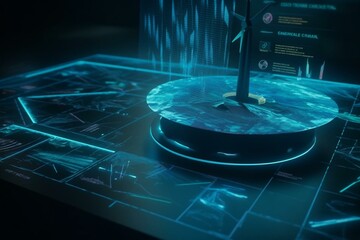 Fototapeta na wymiar Futuristic hologram display of wind energy. High-tech sci-fi screen with data and UI. Generative AI