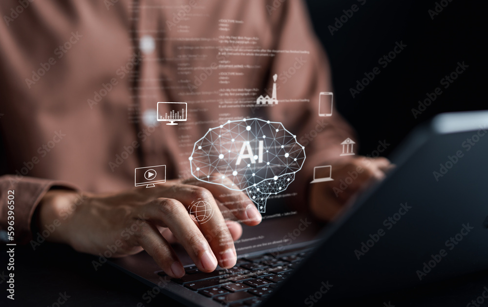 Fototapete Ai Technology System. Businessman using chat bot intelligence Ai. Chat with AI Artificial Intelligence, developed by OpenAI generate. Futuristic technology, robot in online system.