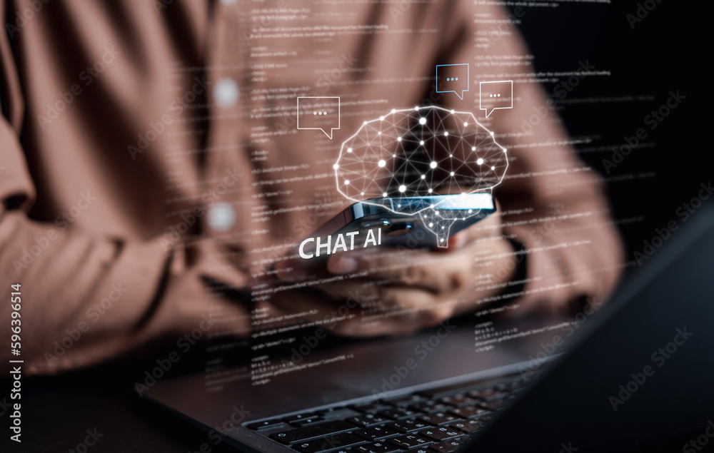 Poster Ai Technology System. Businessman using chat bot intelligence Ai. Chat with AI Artificial Intelligence, developed by OpenAI generate. Futuristic technology, robot in online system.