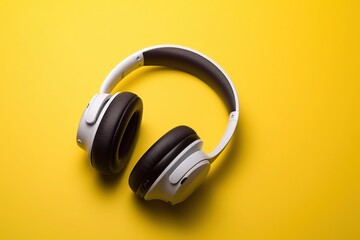 Headphones on a yellow background. Creative promotional photo earphones.