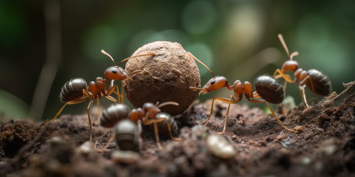 A colony of ants carrying food back to their underground nest, concept of Social Hierarchy, created with Generative AI technology