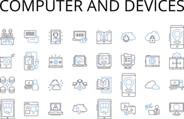 Fototapeta na wymiar Computer and devices line icons collection. PC, laptop, tablet, smartph, smartwatch, desktop, server vector and linear illustration. gaming console,router,modem outline signs set Generative AI