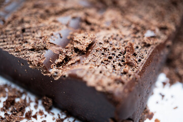 Close-up porous chocolate bar for confectionery