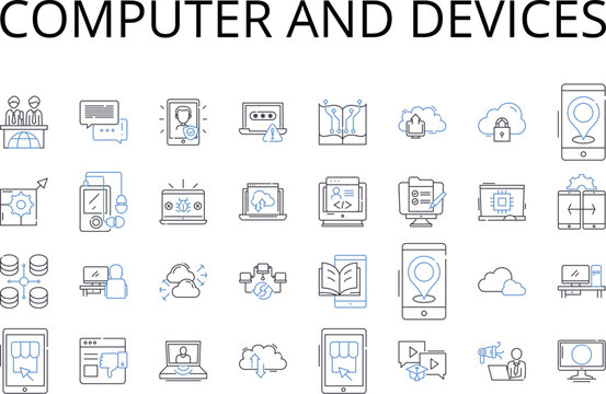 Computer and devices line icons collection. PC, laptop, tablet, smartph, smartwatch, desktop, server vector and linear illustration. gaming console,router,modem outline signs set Generative AI