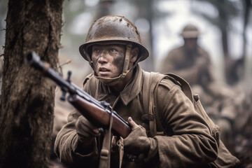 A soldier with a machine gun in a battlefield  - ai generative