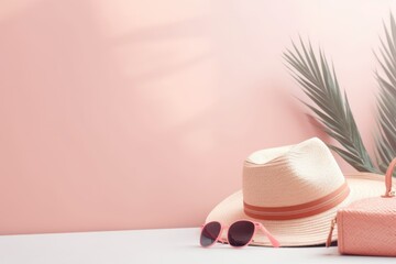 Suitcase with hat and sunglasses on pastel pink background minimal creative vacation holidays trip plane map pin. travel concept
